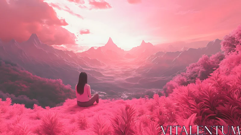 Solitary observer overlooking neon pink dreamscape valley.