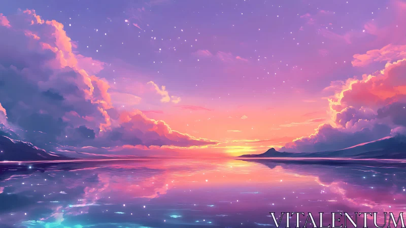 Iridescent twilight seascape renders reflective clouds in gradience