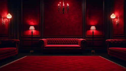 Velvet-red salon glows with theatrical shadows and hush.