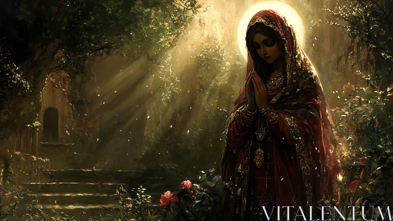 Golden backlit prayer figure stands in ornate forest sanctuary