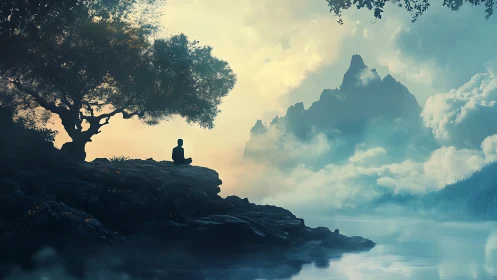 Quiet riverside meditation beneath a dreaming mountain sky.