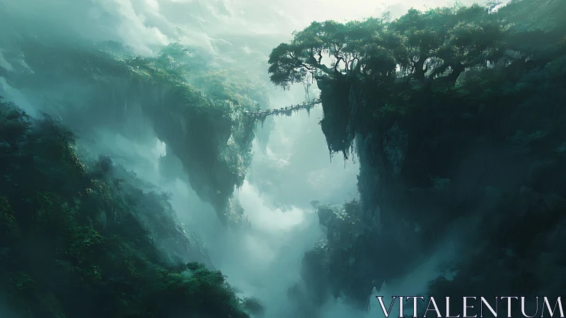 Mist-draped sky bridge unites emerald cliffs in silence.