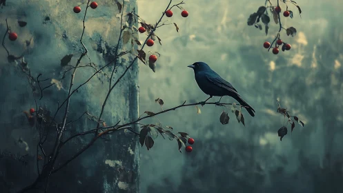 Black Bird Perched Among Red Berries and Weathered Stone.