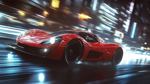 Red sports car accelerates through wet neon city street