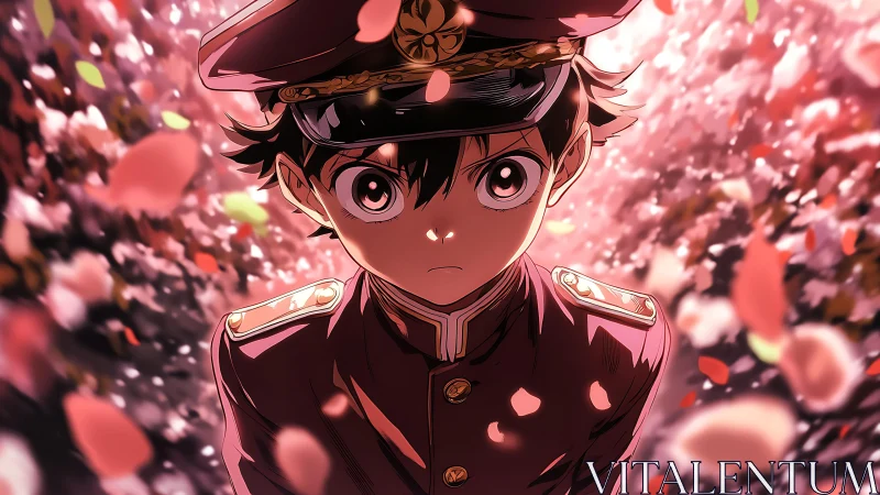 Cadet stands beneath swirling sakura petals at dusk.