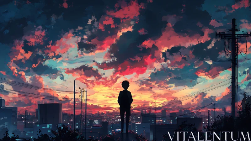 Silhouetted figure over cityscape beneath dense sunset sky.