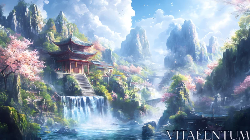 Sky-brushed temple valley where waterfalls whisper upward.