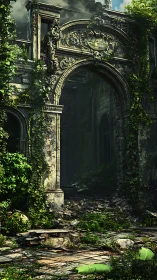 Vines quietly crown the crumbling stone archway of memory