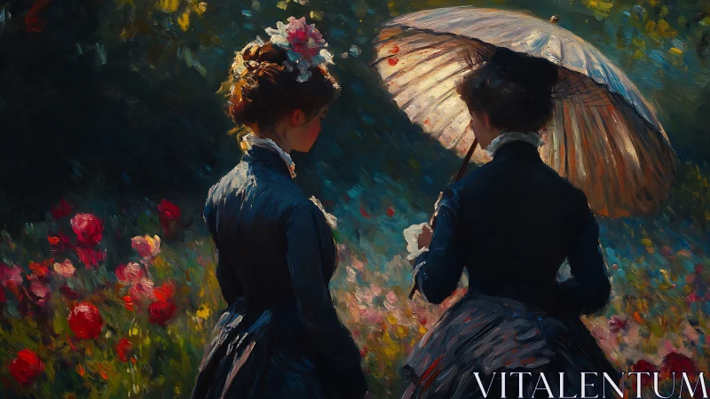 Victorian women in garden rendered with dense impasto brushwork