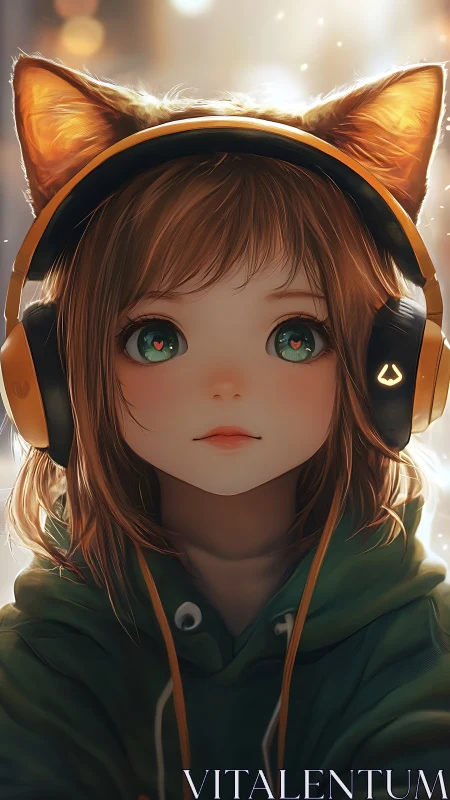 Digital portrait of girl with cat ear headphones in focus.