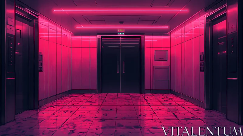 Neon lit elevator lobby with reflective tiled floor at night.