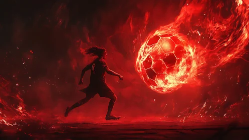 Soccer player approaching flaming ball in red environment.