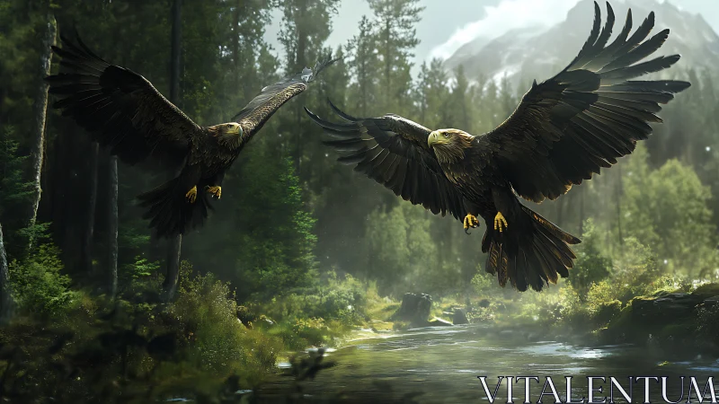 Majestic Eagles Soaring Over Forest Stream, Realistic Digital Art.