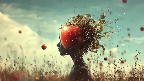 Surreal anthropomorphic apple-head figure in windblown meadow.