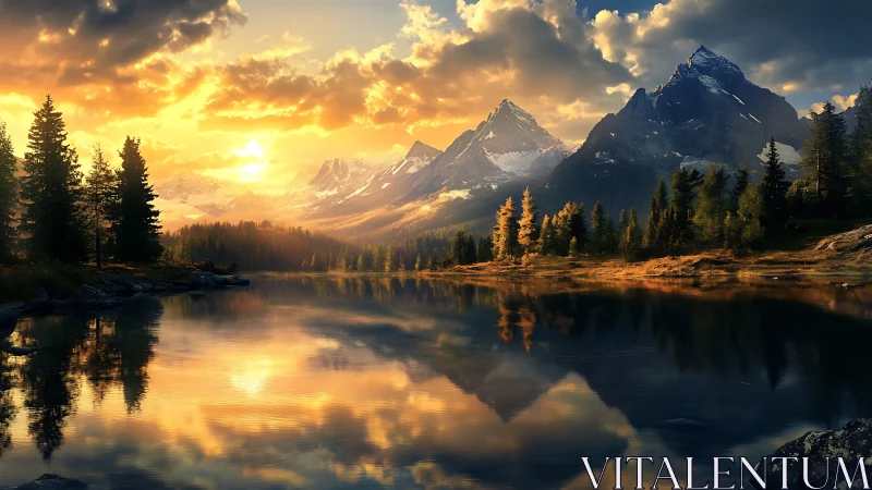 Golden mountain lake at sunrise with calm mirrored reflections.