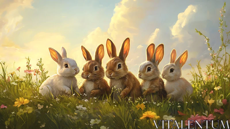 Sunlit meadow welcomes five curious baby bunnies at rest