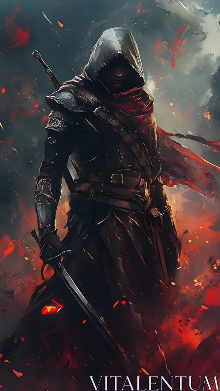 Hooded wanderer in emberlit armor walking through sparks.