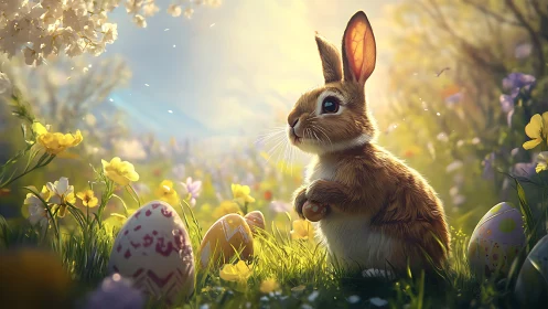 Sunlit bunny pauses among secret eggs in a glowing meadow