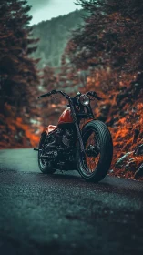 Custom bobber motorcycle stands on forest road in moody grade