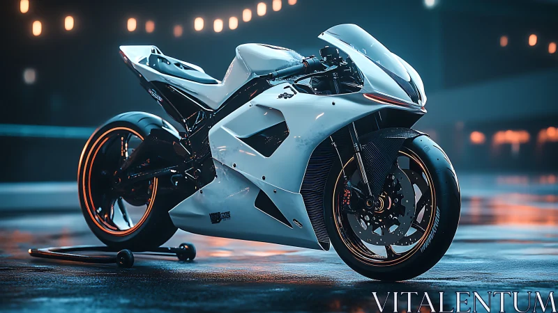 White sport motorcycle on wet urban surface at night.