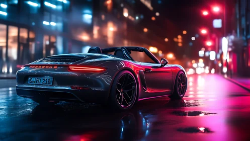Neon-lit silver roadster under glossy cinematic night rain.