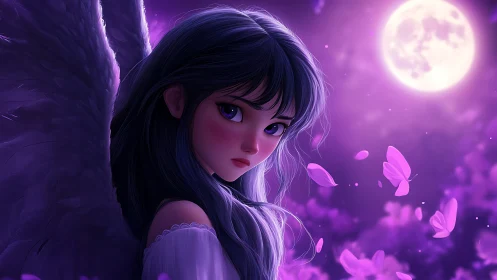 Moonlit violet angel girl gazes over shoulder amid butterflies