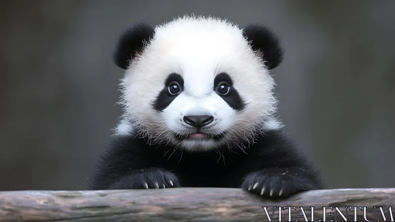 High-resolution frontal study of juvenile panda at log edge.