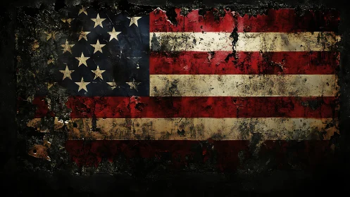 Distressed American flag rendered with high-contrast grunge texturing