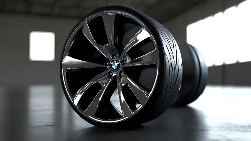 Gleaming BMW wheel and tire captured in soft studio light.