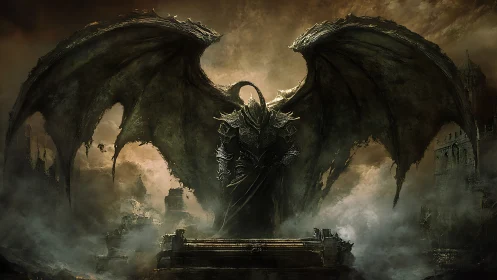 Armored demon lord rises over a ruined, smoke-choked city
