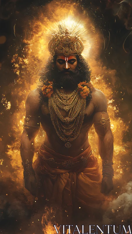 Mythic warrior deity engulfed in radiant golden flames.