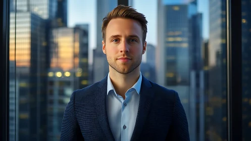 Urban dusk frames confident young executive in glass citadel.
