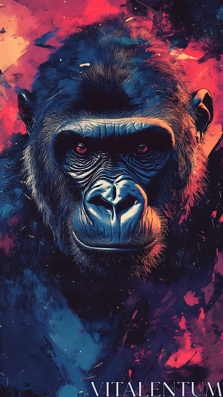 Digital painting portrait of gorilla in neon cosmic palette.