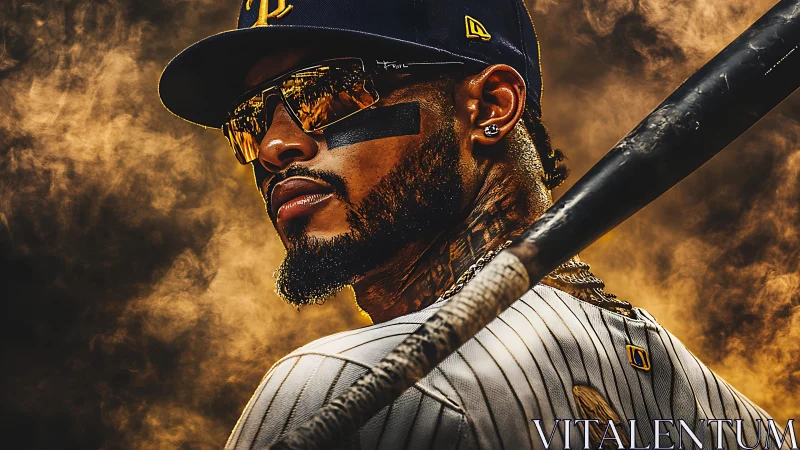 Smoldering baseball slugger strides through cinematic smoke storm.