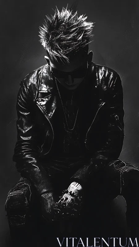 High-contrast leather-clad figure in dramatic chiaroscuro lighting