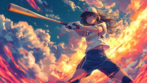 Anime slugger readies swing under blazing sunset sky.