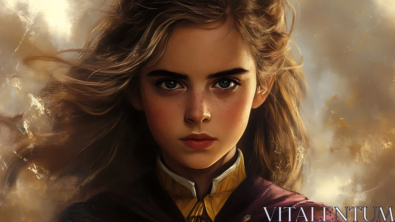 Storm-eyed young heroine framed in windswept golden mist.