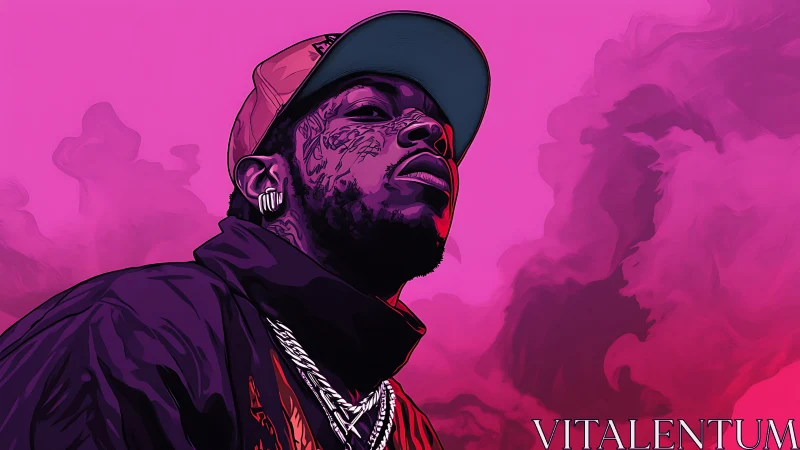 Stylized portrait of tattooed man in pink smoke clouds.