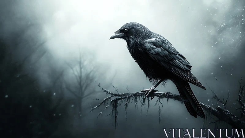 Dark Raven Perched in Misty Wilderness Atmosphere