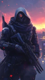 Midnight cybernetic guardian watches over a burning skyline