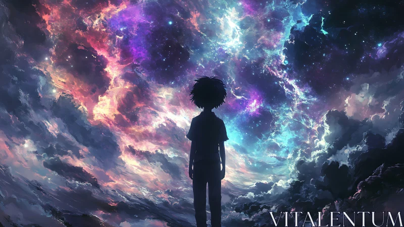 Silhouetted child studies nebular sky with vibrant spectral clouds