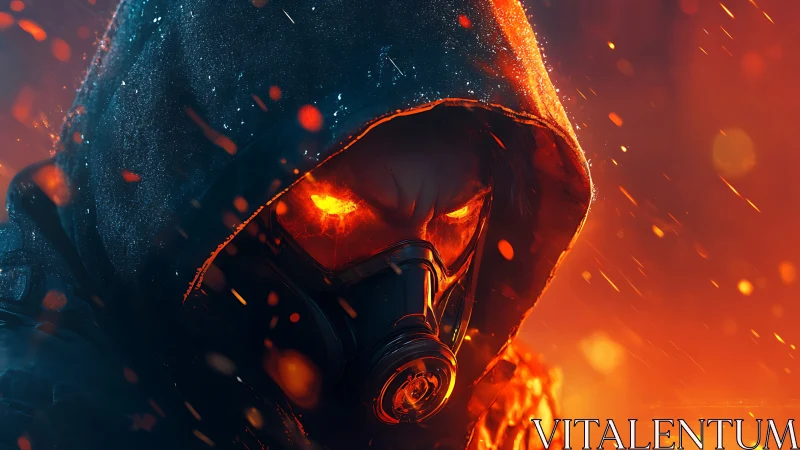 Hooded pyro-soldier in respirator framed by bokeh sparks and embers