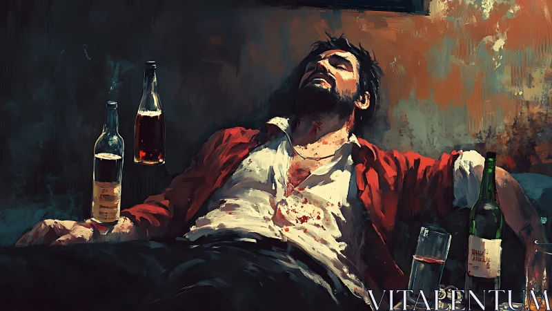 Disheveled man slumped amid bottles in painterly chiaroscuro.