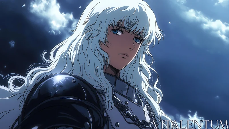 Steel‑armored anime knight under backlit clouds, high contrast lighting