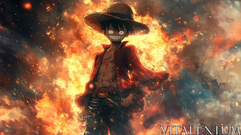 Straw hat anime boy stands shirtless before dense fire cloud