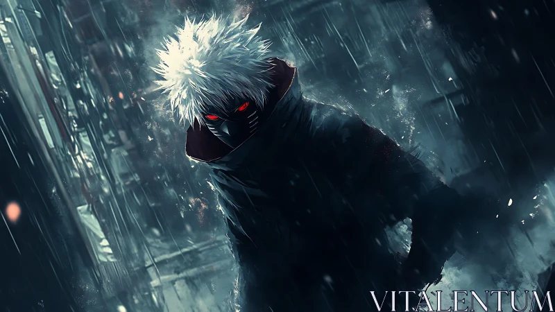 Mysterious white haired warrior glowing in the rain soaked night.