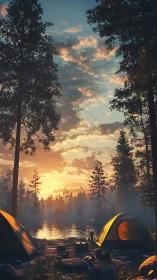 Cozy forest campsite glowing softly in a golden sunrise.