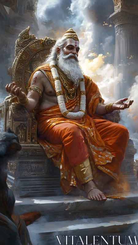 Regal sage in orange robes on ornate celestial throne.