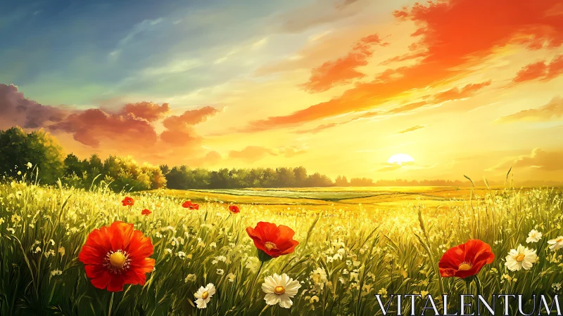 Poppy meadow at golden hour under saturated sunset sky