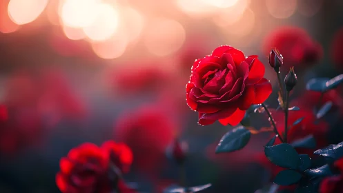 Vibrant Red Roses Glistening with Dewdrops in Golden Light.